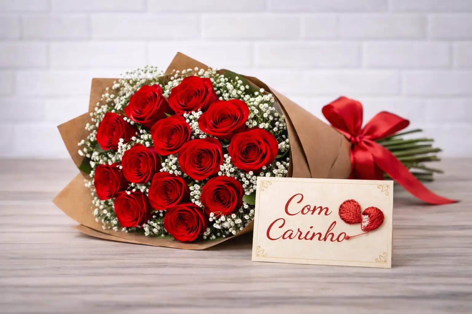 Buquê Romântico de 12 Rosas Vermelhas com Gipsofila